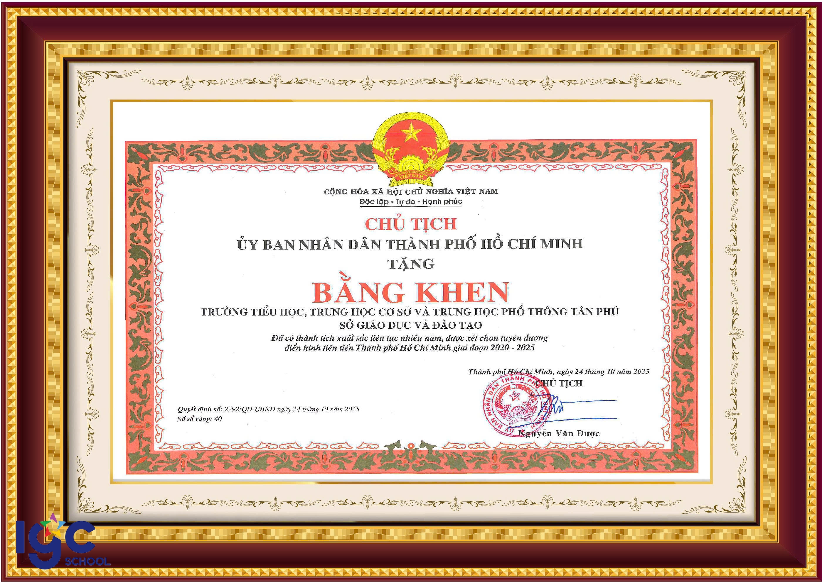 Bằng khen UBND TP.HCM về thành tích điển hình tiên tiến